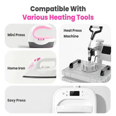 Image showing compatibility of Go To Nonstick Teflon Paper For Heat Press Pro Grade Ten Sheets Eight Point Five By Eleven Inches with various heating tools.