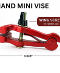 Tiny But Mighty 3 Inch Mini Handheld Vise With 1.25 Inch Jaws, Adjustable Wing Nut Tension, Carbon Steel Build, in red