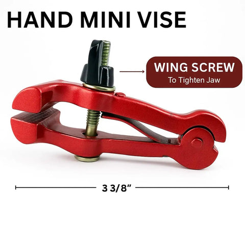 Tiny But Mighty 3 Inch Mini Handheld Vise With 1.25 Inch Jaws, Adjustable Wing Nut Tension, Carbon Steel Build, in red