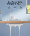Top Tier Desk Organizer Power Strip Featuring Space Saving Clamp Design 70W Usb C Rapid Charge Ten Port Layout Pro Grade Surge Suppressor mounted under a desk.