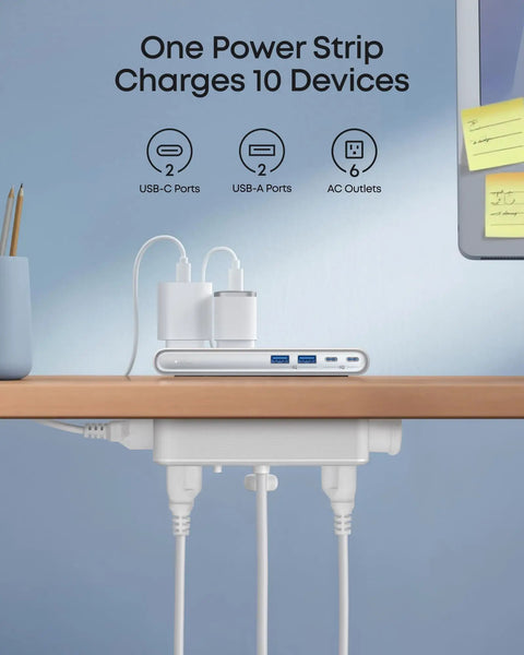 Top Tier Desk Organizer Power Strip Featuring Space Saving Clamp Design 70W Usb C Rapid Charge Ten Port Layout Pro Grade Surge Suppressor mounted under a desk.