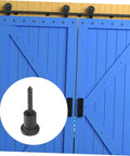 Durable Carbon Steel Barn Door Stopper And Sliding Track Spacer Set installed on blue sliding barn doors