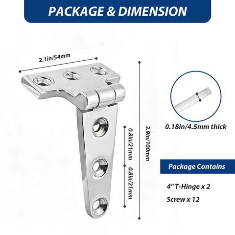 Image showing Heavy Duty Stainless Steel T Hinge Marine Grade 316 Hinges For Boat Hatches Toolbox Doors And Gates 4 by 2 Inch 2 Pack with dimensions.
