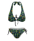 Two Piece Halter Swimsuit Set For Women With Green Cactus Flower Print Botanical Tankini Style Yacht Ready Beachwear Soft Stretch Fabric Plus Size 2XL