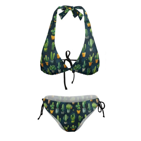 Two Piece Halter Swimsuit Set For Women With Green Cactus Flower Print Botanical Tankini Style Yacht Ready Beachwear Soft Stretch Fabric Plus Size 2XL