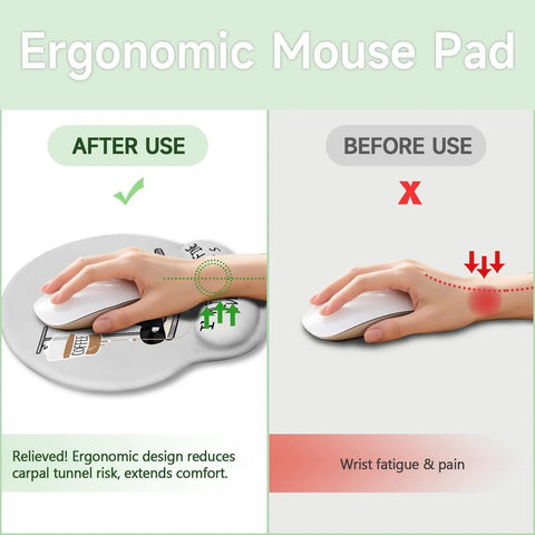 Comparison of hand using ergonomic mouse pad with gel wrist rest and hand without, showing pain relief and comfort improvement.