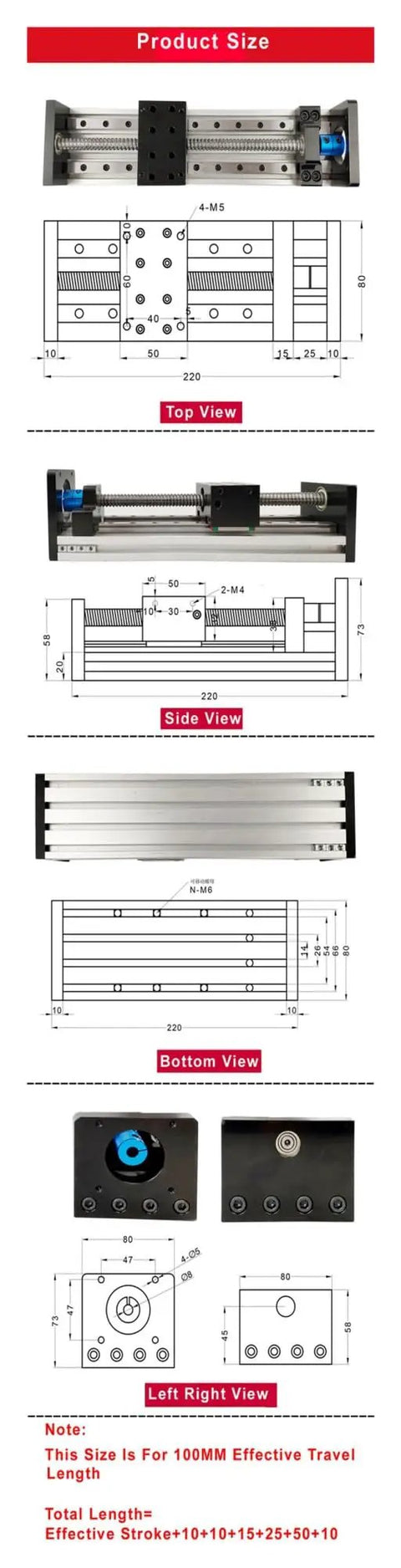Rock Solid Linear Guide Motion Module Rail For CNC Tables With Nema23 Stepper And 1204 Ballscrew, 100mm travel size diagram