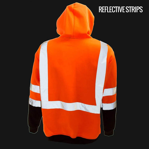 Back view of Hi Viz Hooded Sweatshirt For Men ANSI Class 3 High Visibility Workwear With Knit Lining And Black Bottom Orange X Large