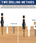 Diagram showing Size 8 Countersink Drill Bit Set For Wood 12 Piece with adjustable bits for flush and hidden screws in wood.
