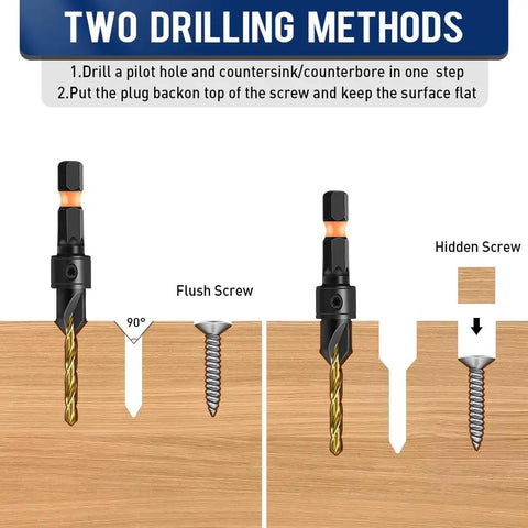 Diagram showing Size 8 Countersink Drill Bit Set For Wood 12 Piece with adjustable bits for flush and hidden screws in wood.