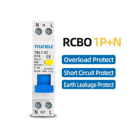 Top Shelf 18mm Din Rail RCBO Residual Current Differential Automatic Circuit Breaker features 30mA sensitivity with overload protection.