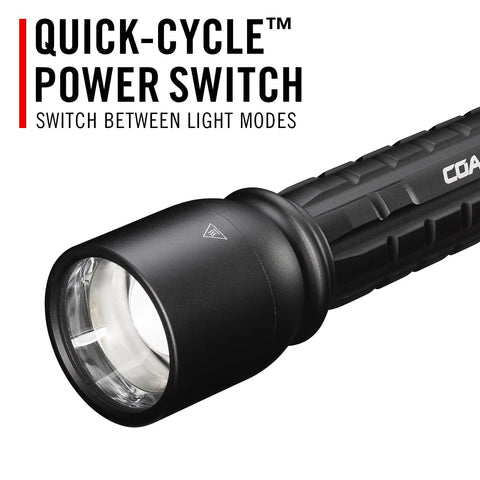 XP14R 4500 Lumen USB C Rechargeable LED Flashlight With Slide Focus And Pure Beam Focusing Optic showing quick-cycle power switch