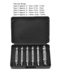 Hamwesh 6 Piece High Speed Steel Stripped Screw Extractor Kit For Rusty Broken Bolts Fasteners With Left Hand Drill Bits Quick Removal Tool Set For Any Surface No Slip Grip Efficient And Easy Job, 6-piece case with size chart