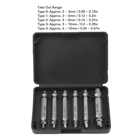 Hamwesh 6 Piece High Speed Steel Stripped Screw Extractor Kit For Rusty Broken Bolts Fasteners With Left Hand Drill Bits Quick Removal Tool Set For Any Surface No Slip Grip Efficient And Easy Job, 6-piece case with size chart