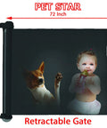 Baby and dog behind Extra Wide 72 Inch Retractable Baby Gate For Kids And Pets With Self Closing, black