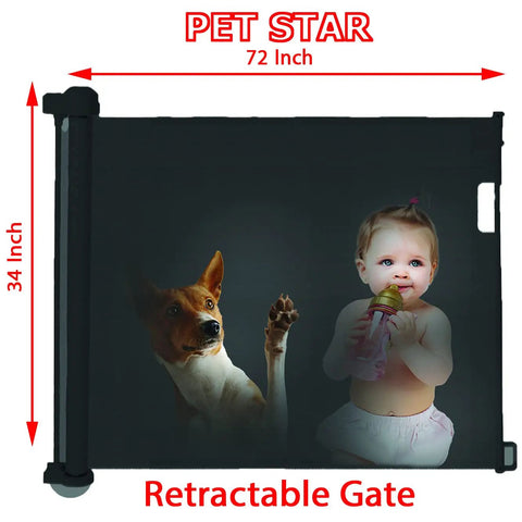 Baby and dog behind Extra Wide 72 Inch Retractable Baby Gate For Kids And Pets With Self Closing, black