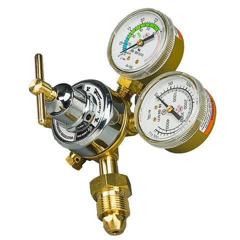 Forney argon/CO2 MIG welder regulator kit front view with dual gauges, brass fittings