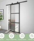 Installed Frosted Glass Barn Door 30In By 84In With Top Mounted Hardware Kit Soft Close Black Carbon Steel Frame Tempered Glass