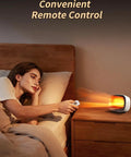 Woman using Compact 1200W Space Heater With Magnetic Remote Cranking Heat White Desk Friendly Portable Heating For Small Rooms Fast PTC Heat Overheat Protection Tip Over Safety Perfect For Bedroom And Office in a bedroom at night.