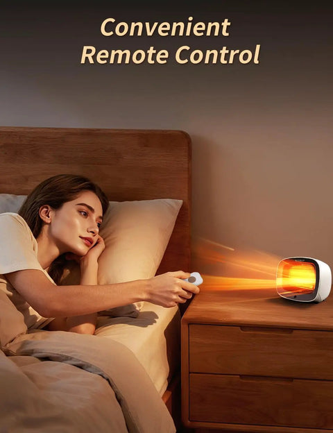 Woman using Compact 1200W Space Heater With Magnetic Remote Cranking Heat White Desk Friendly Portable Heating For Small Rooms Fast PTC Heat Overheat Protection Tip Over Safety Perfect For Bedroom And Office in a bedroom at night.
