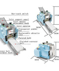 Electric Dumpling Skin Maker With 140W Motor Automatic Wonton Wrapper Machine for batch prep features labeled components and dimensions.