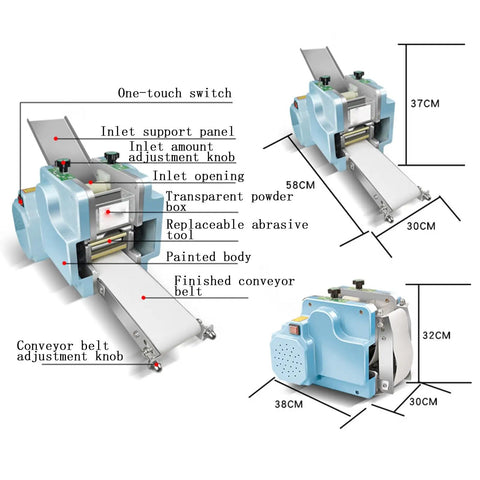 Electric Dumpling Skin Maker With 140W Motor Automatic Wonton Wrapper Machine for batch prep features labeled components and dimensions.