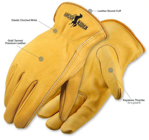 Rough Rider Premium Leather Driver Gloves With Elastic Back Gold Cowhide Medium Pack Of 12 Durable Work Gloves for grip comfort.