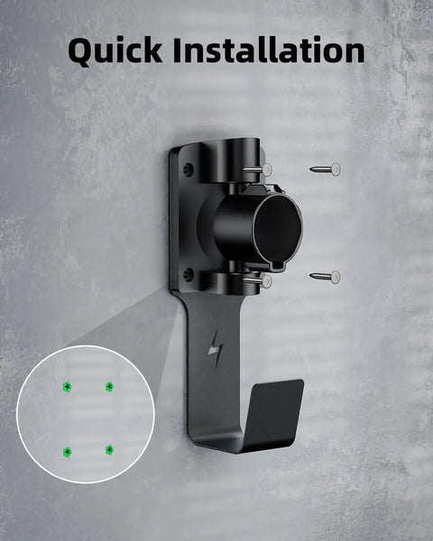 EV Charger Holder With 180 Degree Rotating Nozzle Dock, Heavy Duty Metal J Hook Wall Mount for SAE J1772 Charger, Quick installation with wall mounting screws.