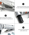 Professional Grade Kick Ass Pneumatic Air Die Grinder Spinning Wild At Twenty Five Thousand RPM For Slick Polish Heavy Metal Wood Tire Wall Projects close-up showing durable silver body, packaging details, and anti-contact switch.