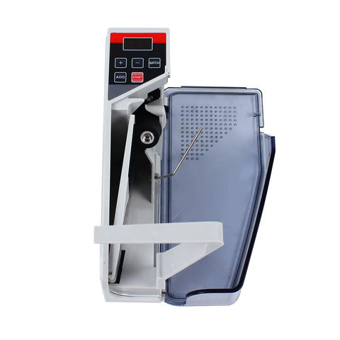 Top view of High Speed Money Counter Machine with control panel and bill tray, featuring durable build and 600 bills per minute capacity.