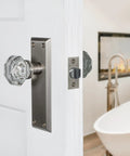 New York And Waldorf Crystal Door Knob With Plate Slick Yet Classy Tailored Style For Classic Home Decor in bathroom setting