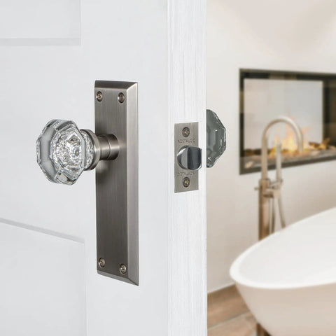 New York And Waldorf Crystal Door Knob With Plate Slick Yet Classy Tailored Style For Classic Home Decor in bathroom setting