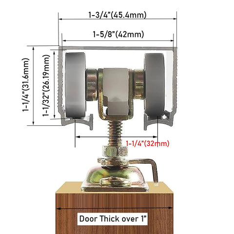 Two Pack Sliding Pocket Door Rollers Replacements Top Hanger Kit showing measurements and assembly details