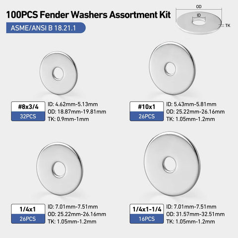 100 Piece Fender Washer Kit For Screws And Bolts Thickened 304 Stainless Steel, Assorted Sizes 8, 10, 1/4 Inch, shown in four groups.