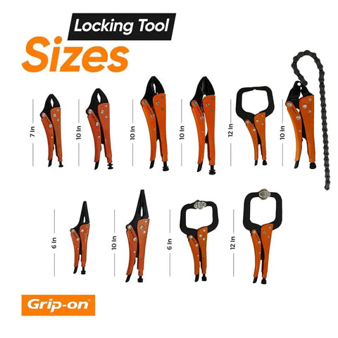 10 Piece Locking Pliers And Clamp Set With Straight Jaw Curved Jaw Long Nose Wire Cutter C Clamp Chain Clamp Welding Pliers And Sheet Metal Tools Includes Handy Storage Rack showing assorted sizes on white background.