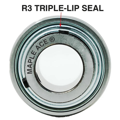 Front view of MAPLE ACE UC207-20 insert bearing with R3 triple-lip seal and 1-1/4 in bore