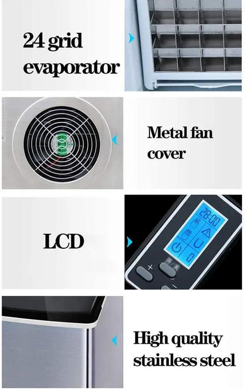 Heavy Duty Compact Ice Maker Churning 25 Kg Daily Cube Ice With Slick Steel Exterior showing 24 grid evaporator, LCD, metal fan cover.