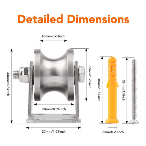 Detailed view of Two Pack Groove Wheel Pulleys For Wall Mount Cable Pulley Systems In 304 Stainless Steel With Duplex Bearings Includes Screws