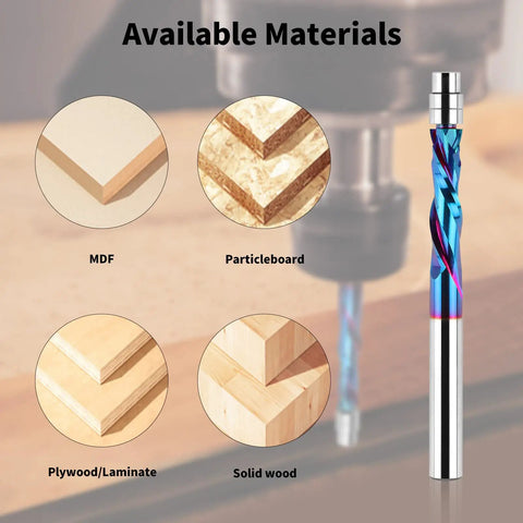 Compression Spiral Flush Trim Router Bit With Bottom Bearing Pro Grade One Quarter Inch Shank One Inch Cut Length Solid Carbide CNC Spiral Bit Nano Coating For Smooth Precise Edges And Easy Material Feed with material compatibility chart.