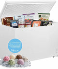 Roomy 14 Cubic Foot Top Load Chest Freezer With Drop Dead Cold Seven Level Temp Dial and a variety of frozen foods visible inside.