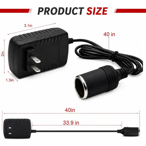 Rock Solid AC To DC 12 Volt Power Converter 24 Watt 2 Amp Adapter with cords and plug dimensions visible.