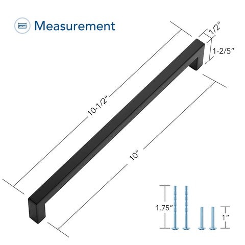 Matte Black 10 Inch Square Cabinet Pulls For Kitchen Cabinets And Drawers, 10-1/2 Inch Overall Length, with screws and measurements