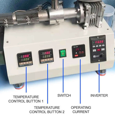 Control panel features for desktop 3D printer extruder with PID temperature settings and operating current display.