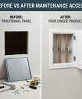 Before vs After comparison of Built Tough Metal Access Panel With Zero Sag Magnetic Lock Covers drywall cutouts and ceiling openings, showing access to plumbing.