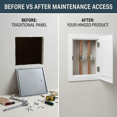 Before vs After comparison of Built Tough Metal Access Panel With Zero Sag Magnetic Lock Covers drywall cutouts and ceiling openings, showing access to plumbing.