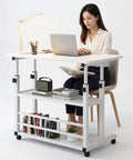 Height Adjustable Standing Desk With Rock Solid Swivel Casters And Sturdy Mobile Computer Workstation, white surface and rolling wheels.