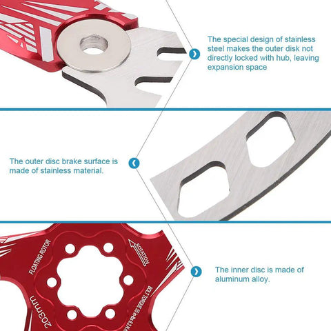 Close-up view of Mountain Bike Disc Brake Rotor And Pads 203mm Five Bolt Build With Stainless Steel Outer And Aluminum Inner for hydraulic brakes.