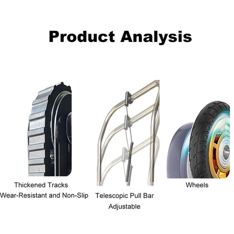 Detailed view of Electric Stair Climbing Hand Truck components: thickened non-slip tracks, adjustable pull bar, wheels for stability.
