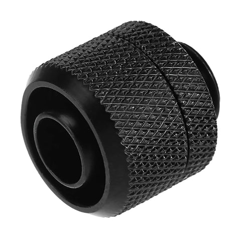 Compression fitting, black knurled, for soft tubing used in water cooling systems.