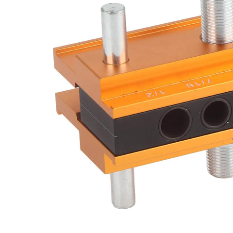 Close-up of Self Centering Doweling Jig with Aluminum Alloy Guide Bushings for Precise Woodworking Joints and Furniture Assembly 64mm Width